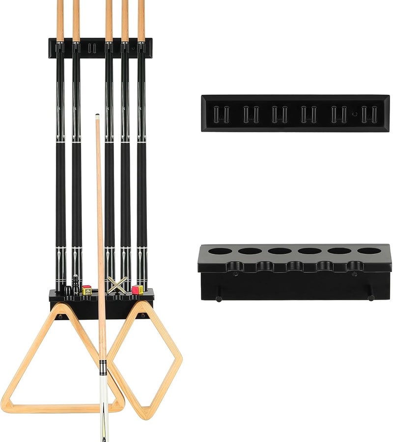 EXTCCT Pool Cue Rack Stick Holder - Wall Mount Billiards Pool Cue Rack Oak Solid Hardwood Pool Cue Set Holder for 6 Cues Sticks Storage Pool Table Accessories Equipment Organizer - Image 1